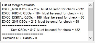 Right window after scrolling upwards.<br>
Shows QSO included<br>
for each award and the number of QSO that <br>
must be sent. For example, for DXCC_PHONE<br>
included is 184 QSO but must<br>
be send only 65 QSOs<br>
because DXCC_MIXED have QSOs<br>
which also will be suitable in a <br>
phone mode 